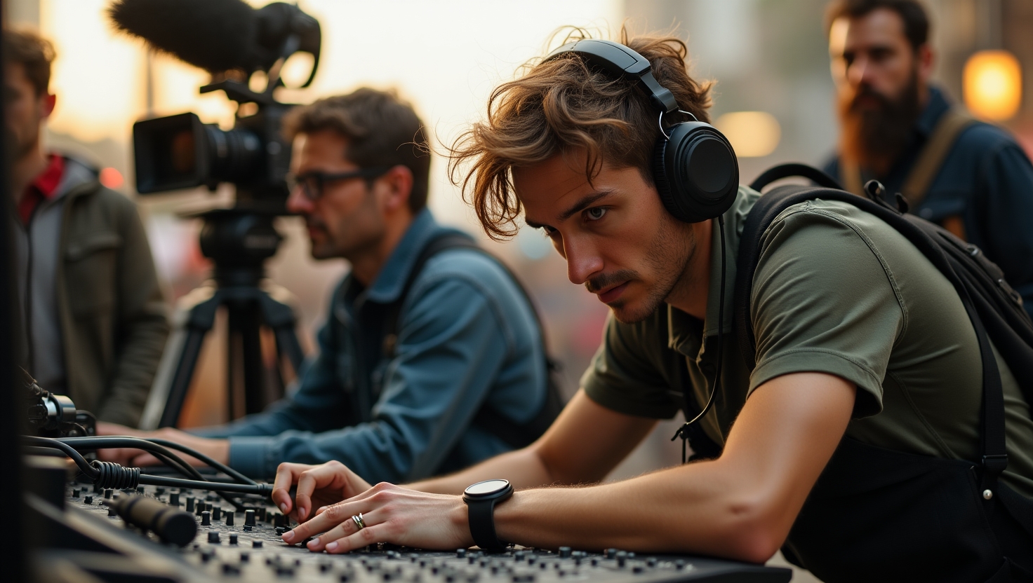 boom operators and sound engineers on a movie scene