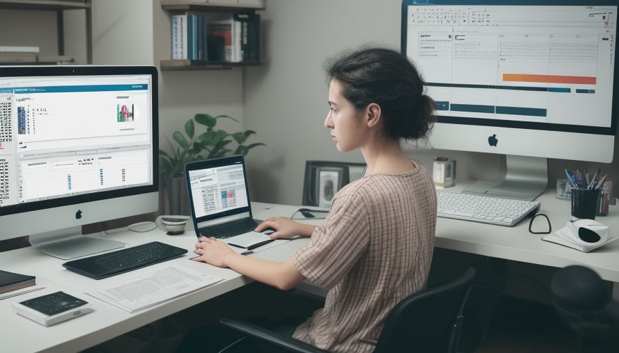 Film budgeting and scheduling software companies: show an editor sitting and editing video on computer