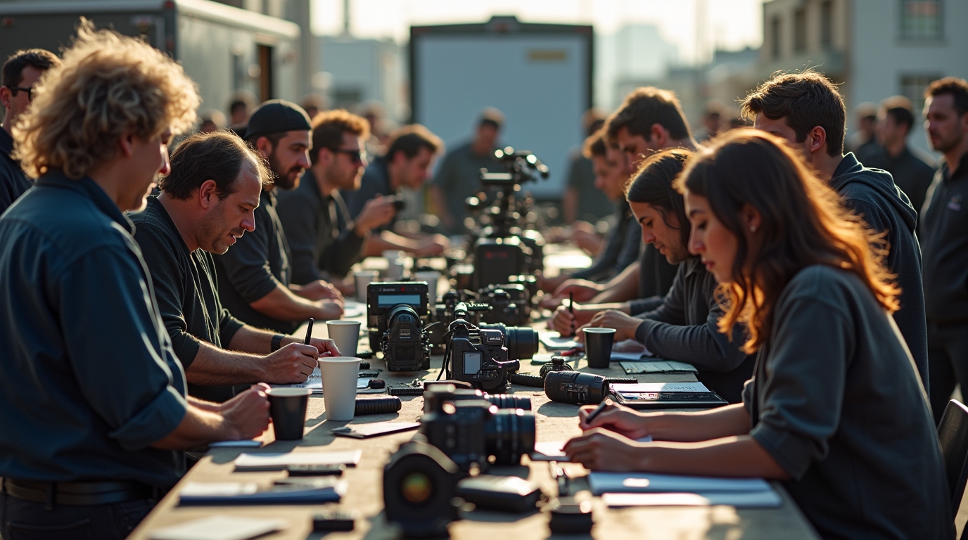 filmmaking crew choosing equipment for their first film project at imaff auditoruim